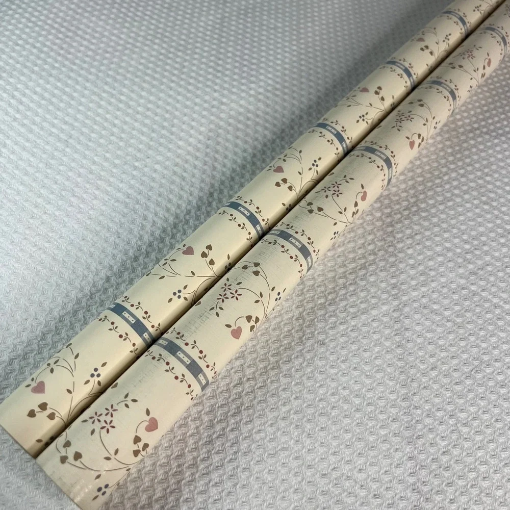 VTG Country Wallpaper Rolls Hearts Vines Floral Cream Blue 2 Thin Rolls 20.5